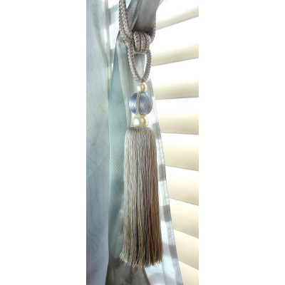 Single Tassel Tie Back Blue & Taupe